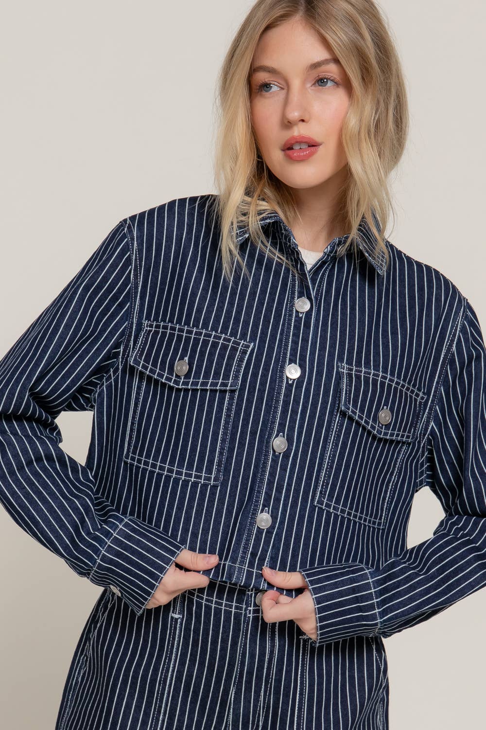 Button Down Stripe Denim Short Jacket