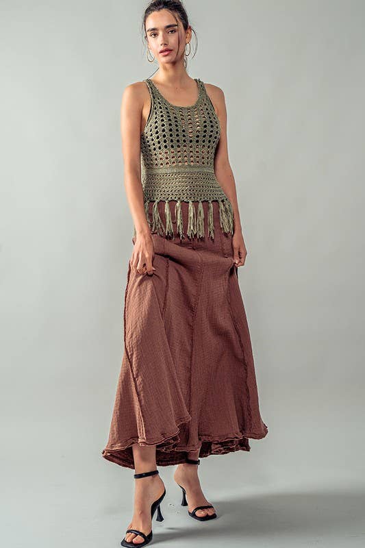 Crochet Knit Boho Tassel Hem Cover Top: KHAKI