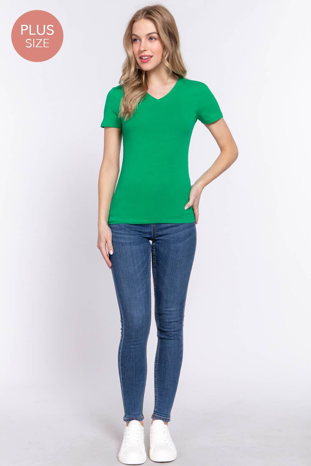 Green Short Sleeve Cotton Jersey V-neck Top