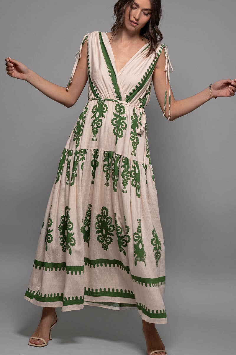Green and Cream Embroidered Print Tie-Shoulder V-Neck Maxi Dress