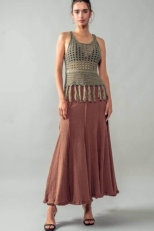 Crochet Knit Boho Tassel Hem Cover Top: KHAKI