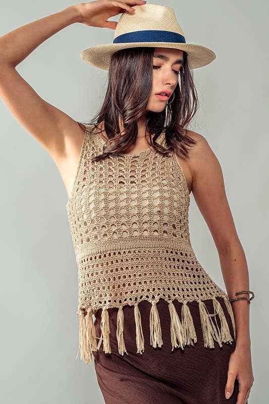 Crochet Knit Boho Tassel Hem Cover Top: KHAKI