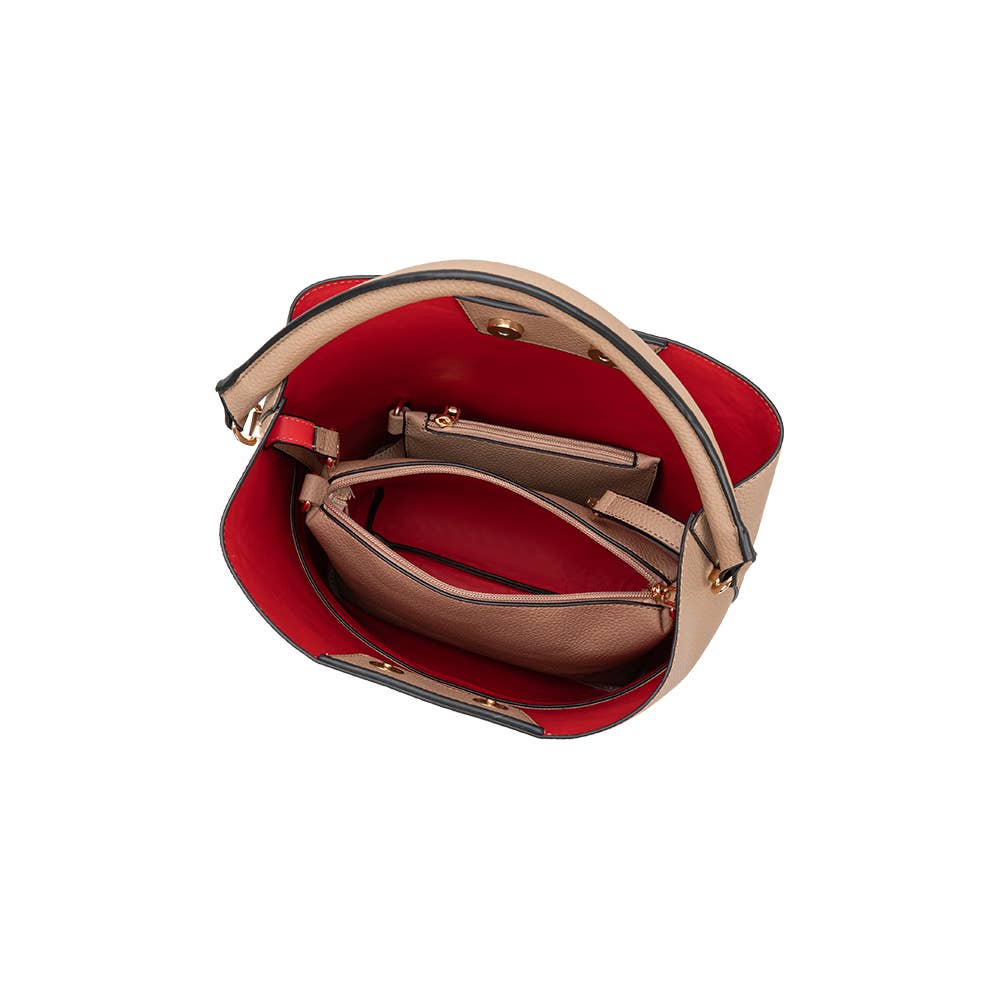 Karianna Tan Three-piece Vegan Bag with Red Leather Lining