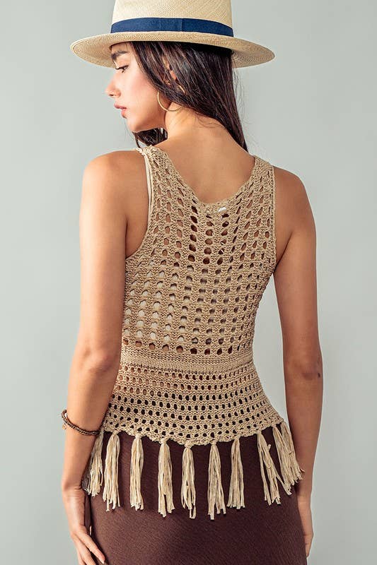 Crochet Knit Boho Tassel Hem Cover Top: KHAKI