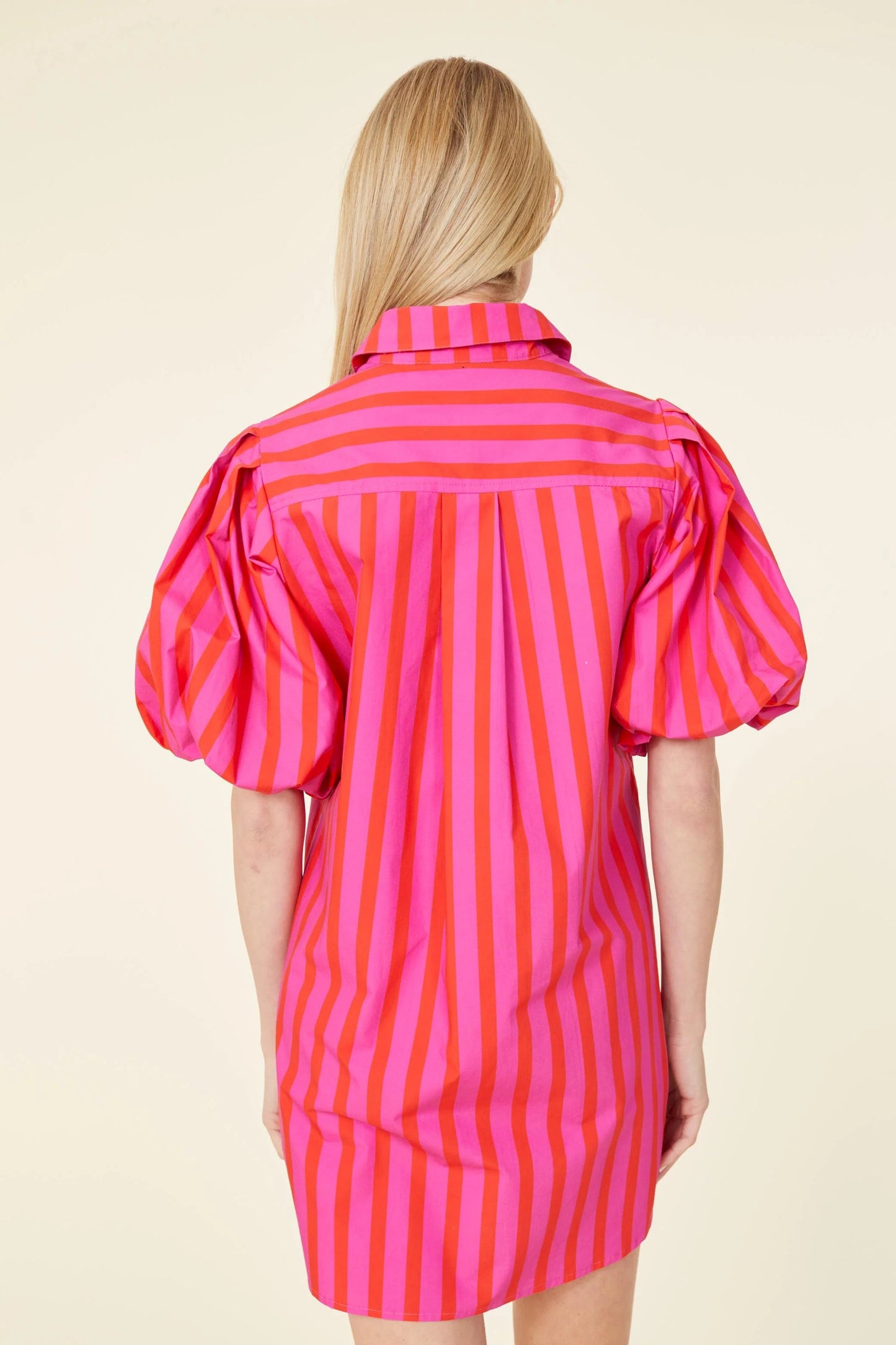 Pink/Red Puff Sleeve Stripe Dress