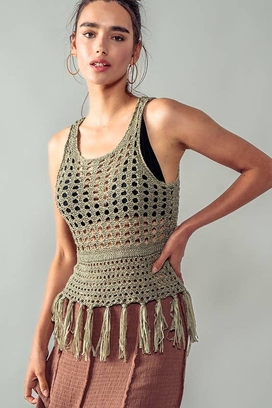 Crochet Knit Boho Tassel Hem Cover Top: KHAKI