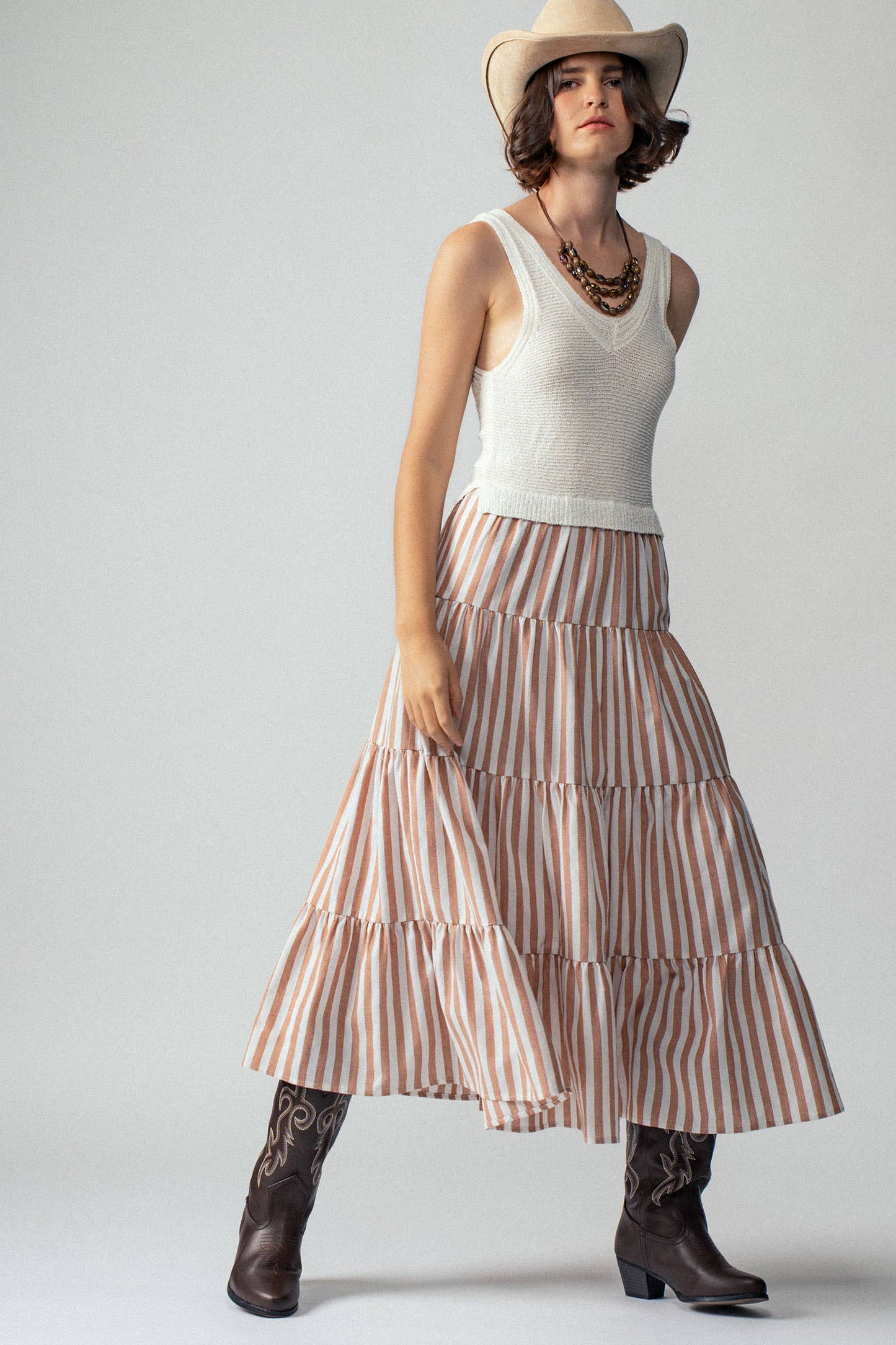 Blue Ribbed Bodice Striped Tiered Dress