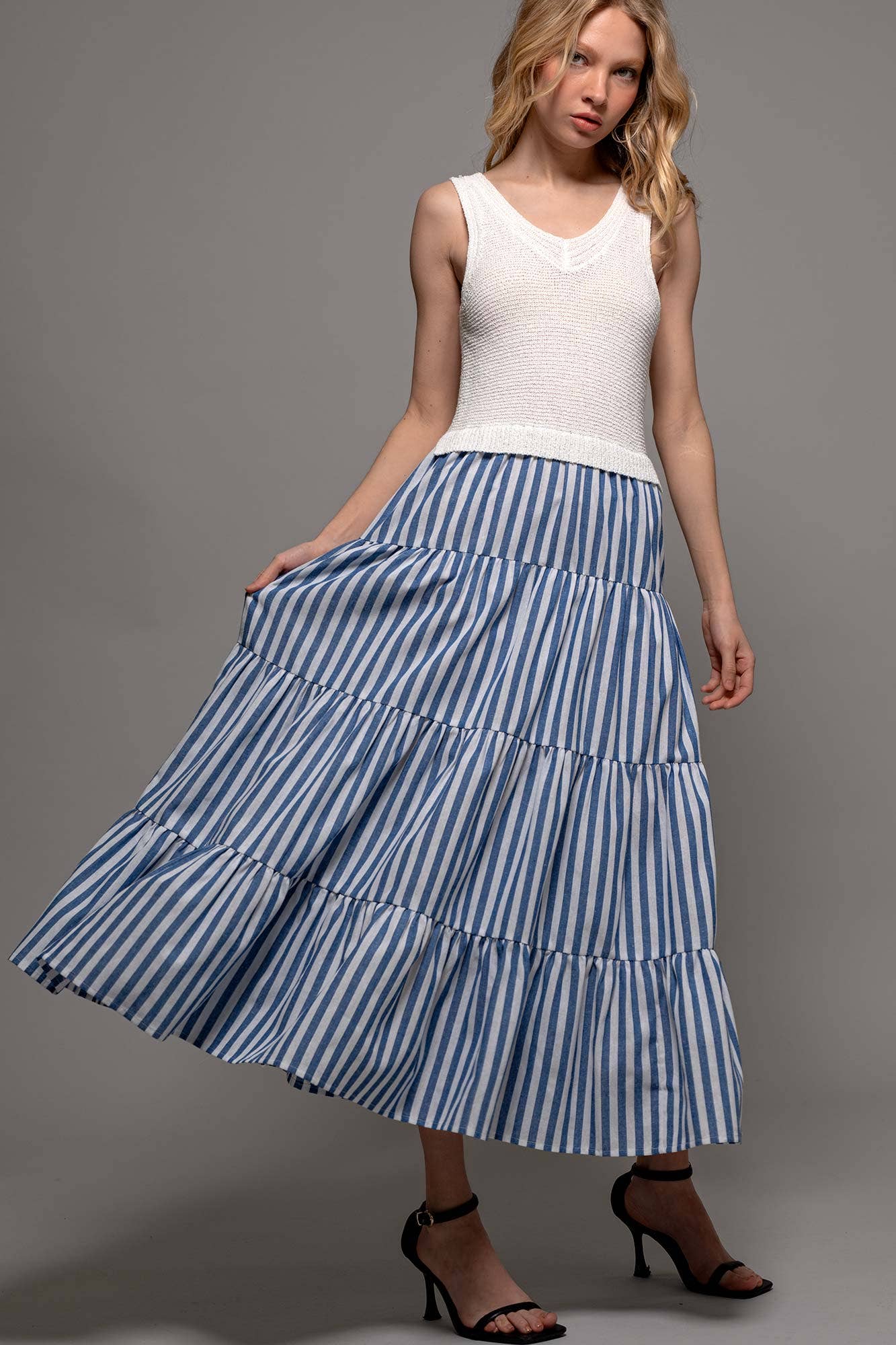 Blue Ribbed Bodice Striped Tiered Dress