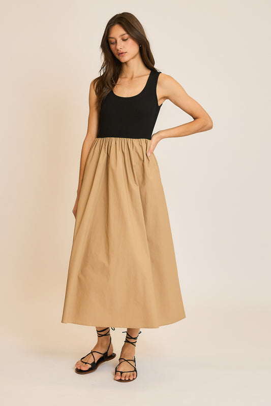Black and Camel Midi Khaki Dress