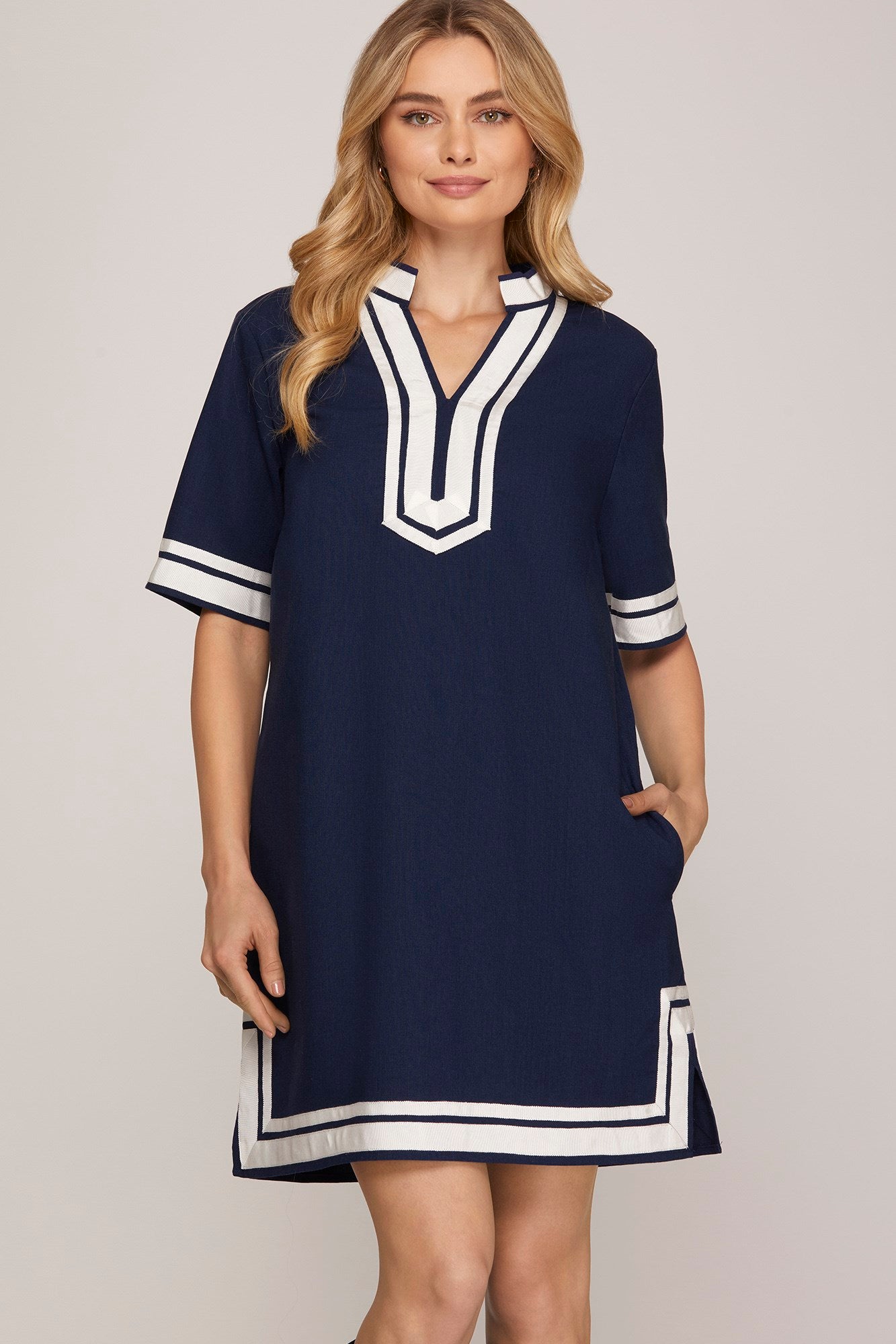 Black Short sleeve split neck woven Dress