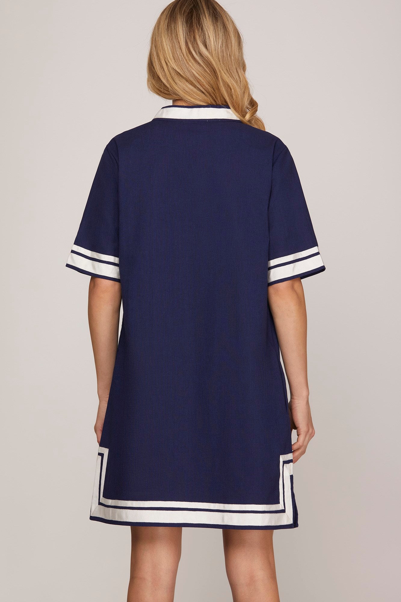 Black Short sleeve split neck woven Dress