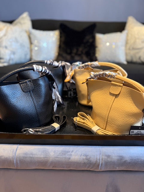 Small Leather Bucket Bag with Scarf on handle