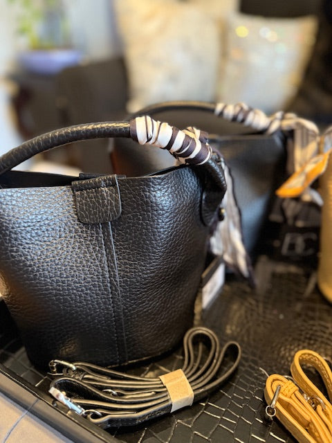 Small Leather Bucket Bag with Scarf on handle