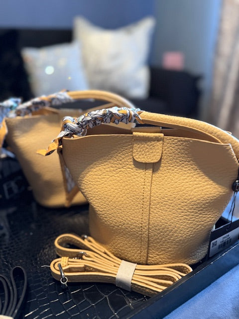 Small Leather Bucket Bag with Scarf on handle
