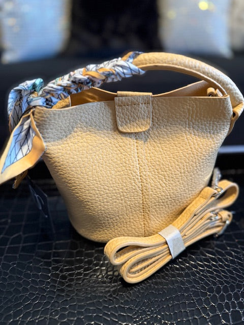 Small Leather Bucket Bag with Scarf on handle