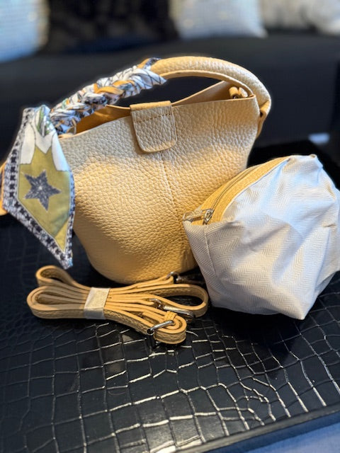 Small Leather Bucket Bag with Scarf on handle