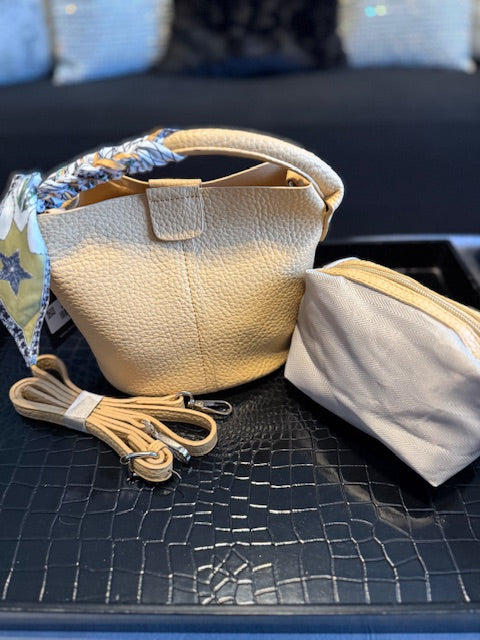 Small Leather Bucket Bag with Scarf on handle