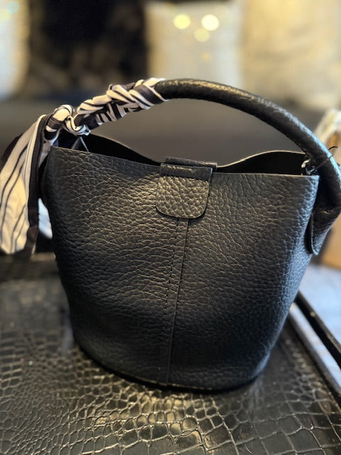 Small Leather Bucket Bag with Scarf on handle