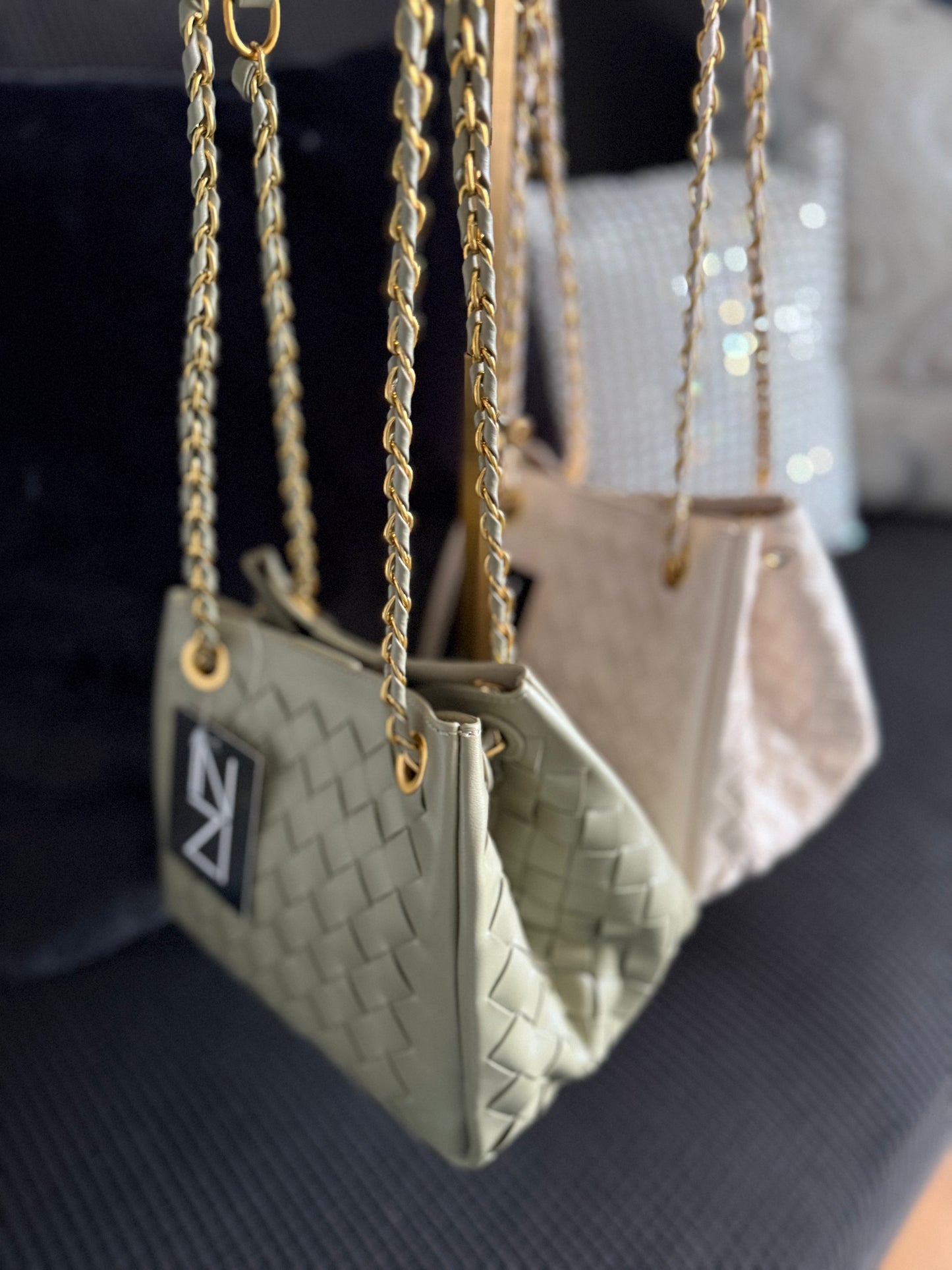 Sage Leather Woven Shoulder Purse