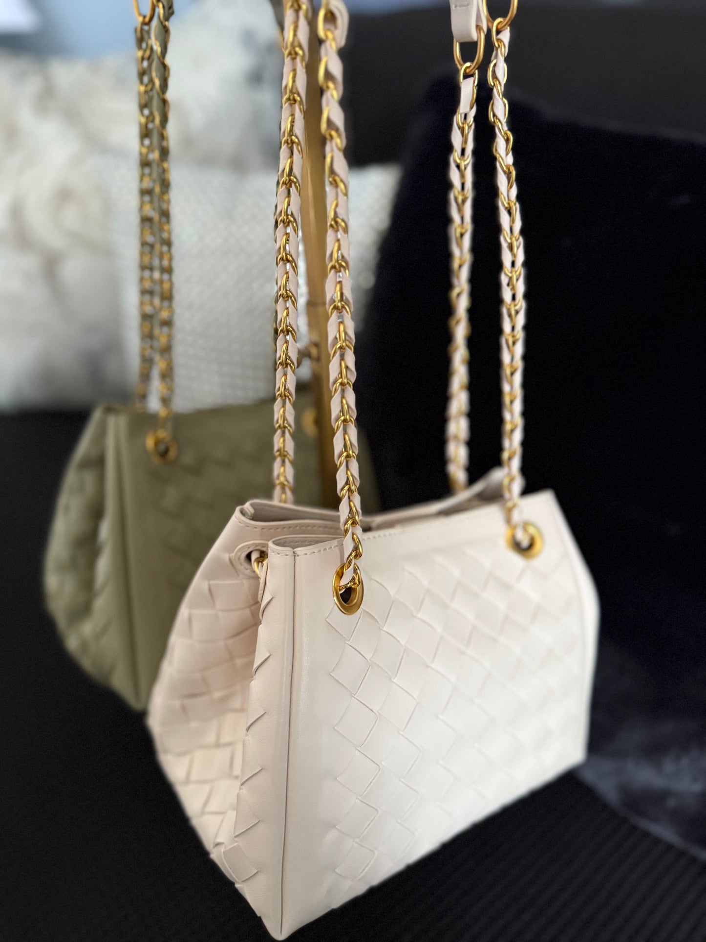 Off-White Leather Woven Shoulder Purse