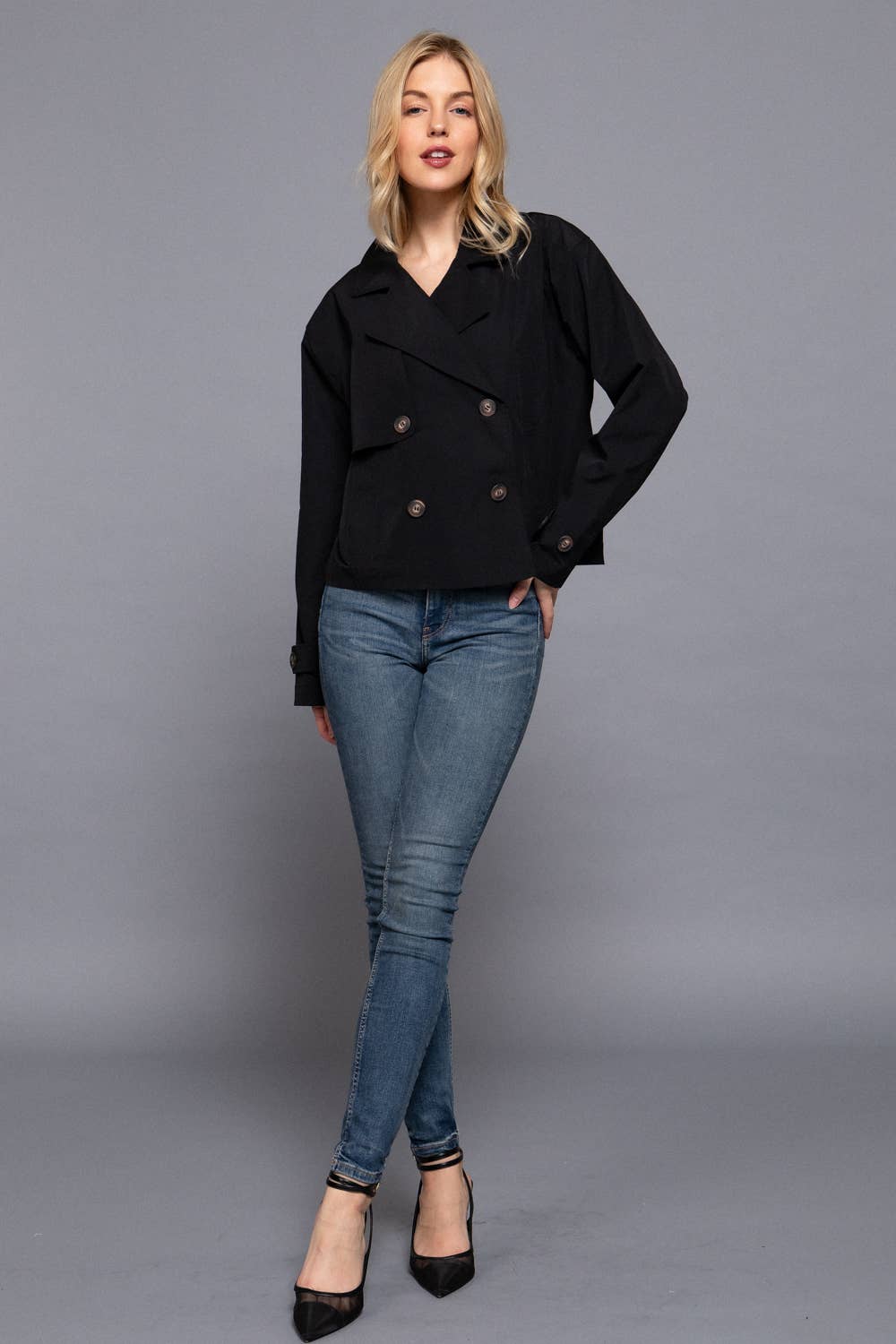 Black Double Breasted Short Trench Jacket