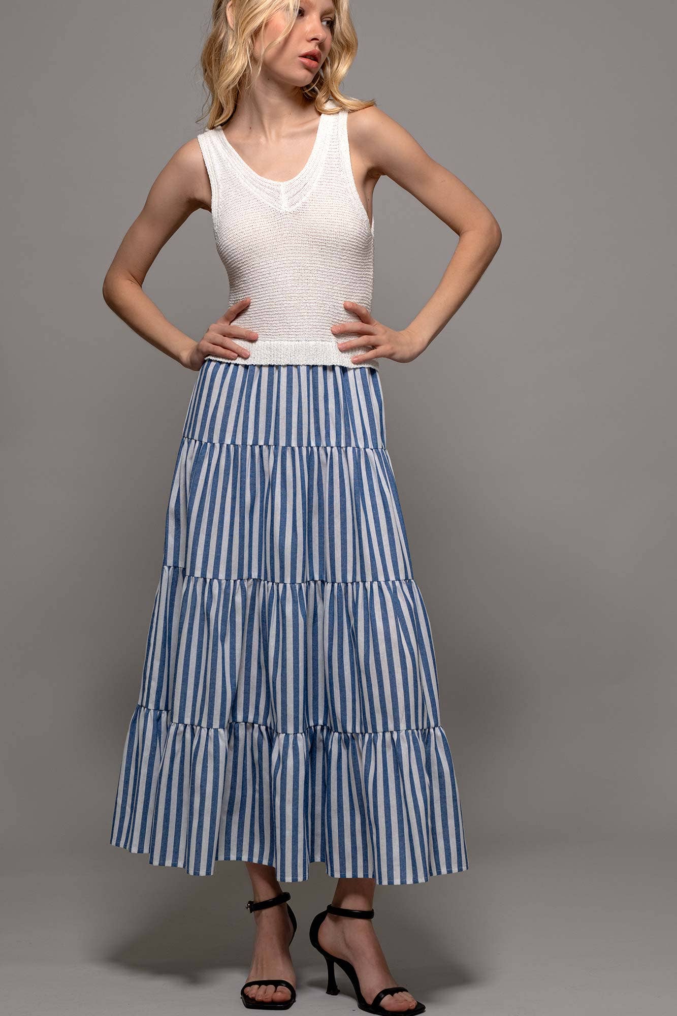 Blue Ribbed Bodice Striped Tiered Dress