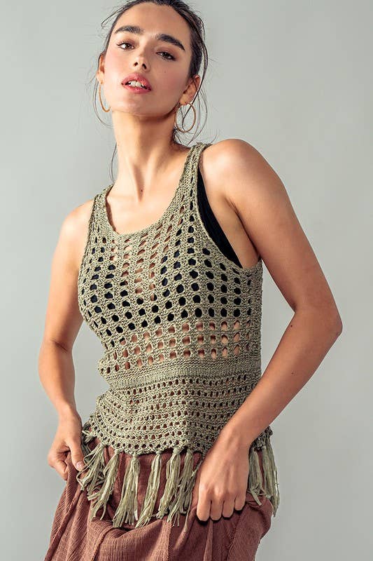 Crochet Knit Boho Tassel Hem Cover Top: KHAKI