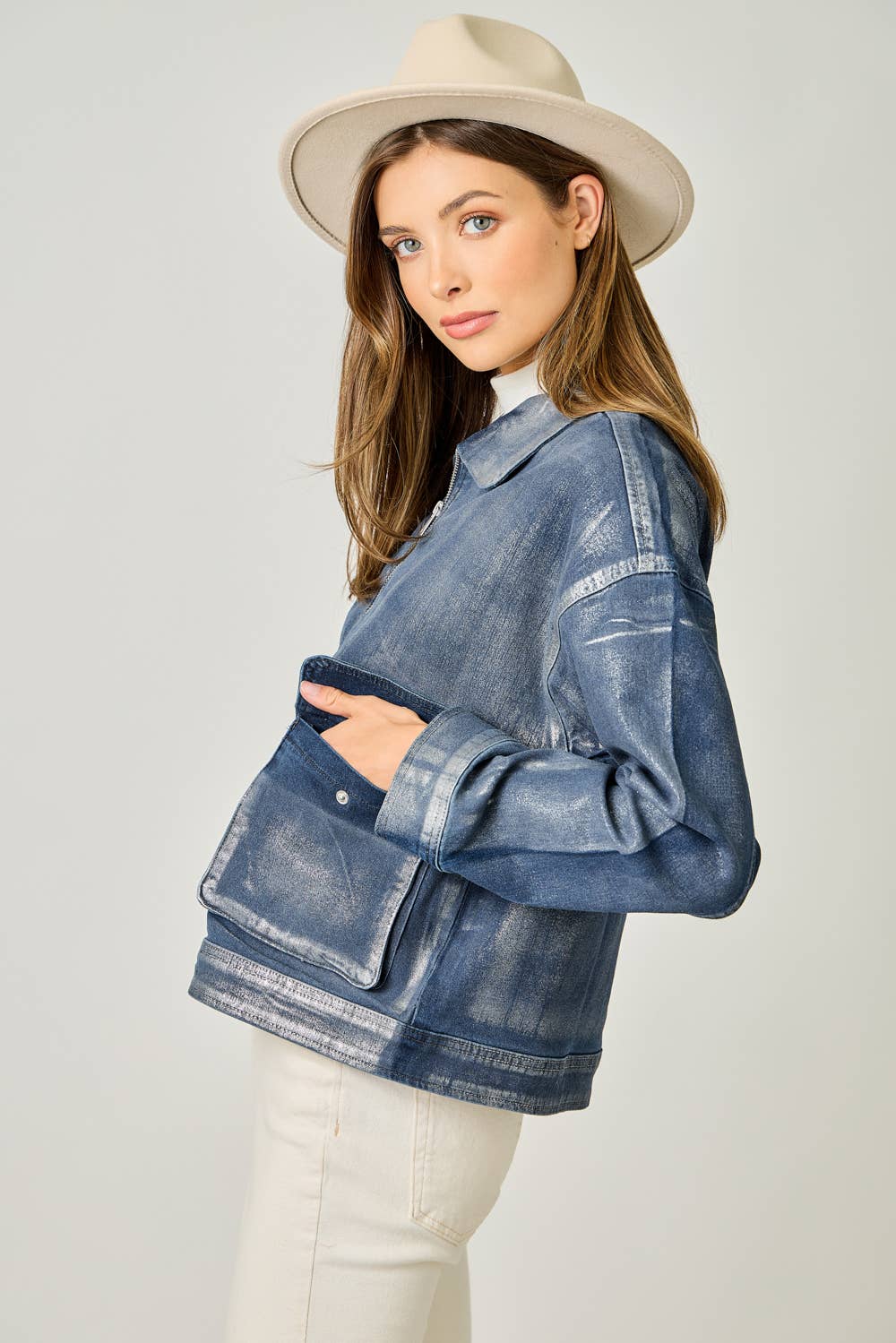 Metallic Washed Denim Jacket: Denim Blue/Pearl
