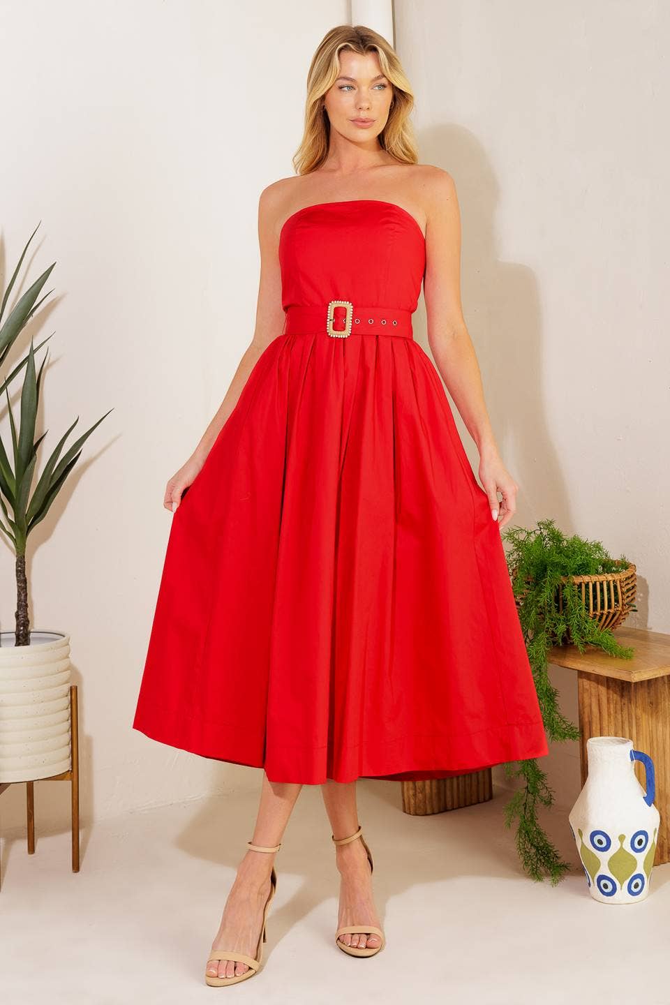 Red Strapless Dress with Belt
