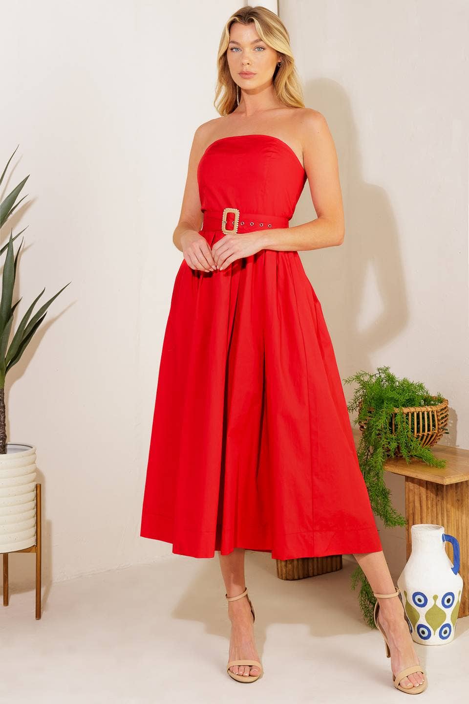 Red Strapless Dress with Belt
