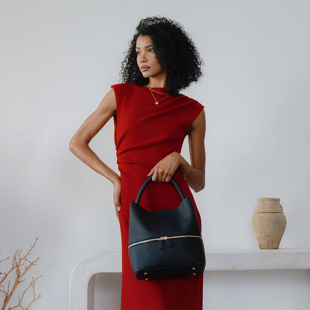 Karianna Black Three-piece Vegan Bag with Red leather lining