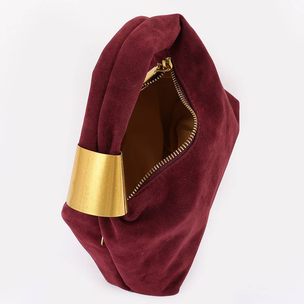 Burgundy Suede Hobo Bag with Gold Accents