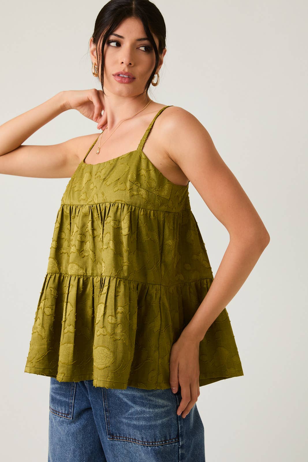 Olive Green Sleeveless Tiered Jacquard Woven Top