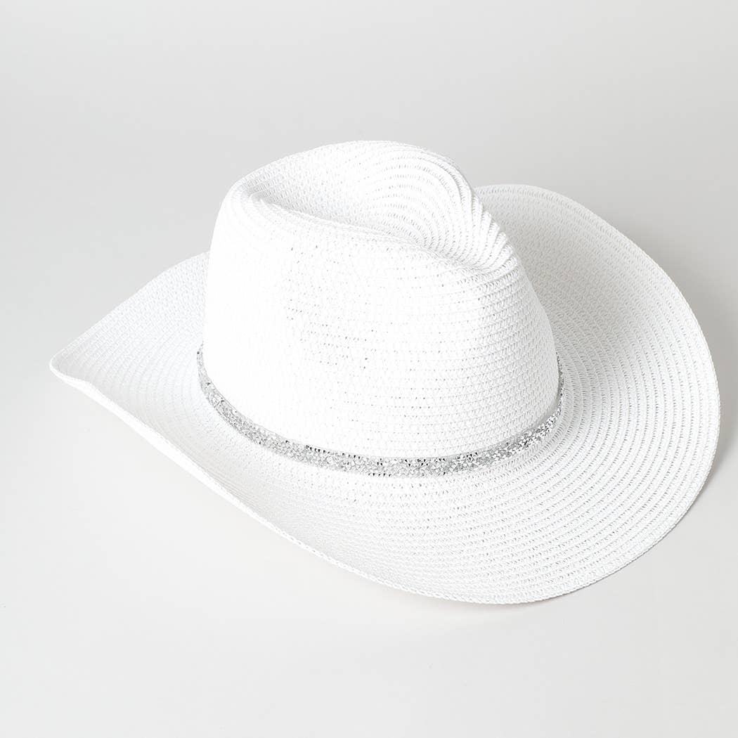 Rhinestone Band Straw Panama Cowboy Hat: Black / ONE SIZE