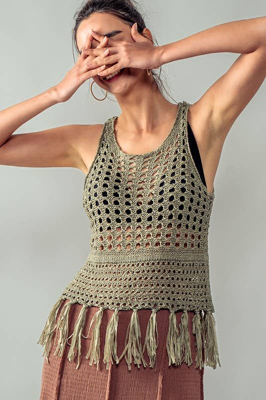 Crochet Knit Boho Tassel Hem Cover Top: KHAKI