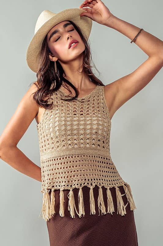 Crochet Knit Boho Tassel Hem Cover Top: KHAKI