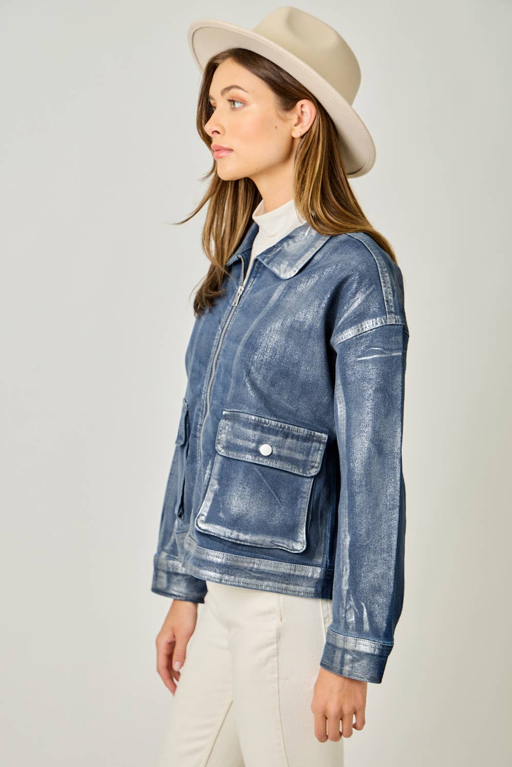 Metallic Washed Denim Jacket: Denim Blue/Pearl