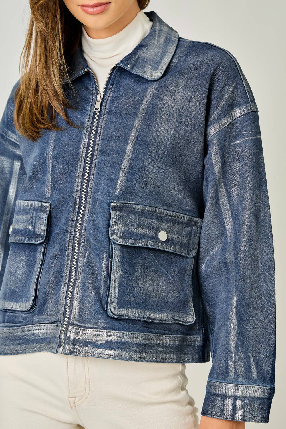 Metallic Washed Denim Jacket: Denim Blue/Pearl
