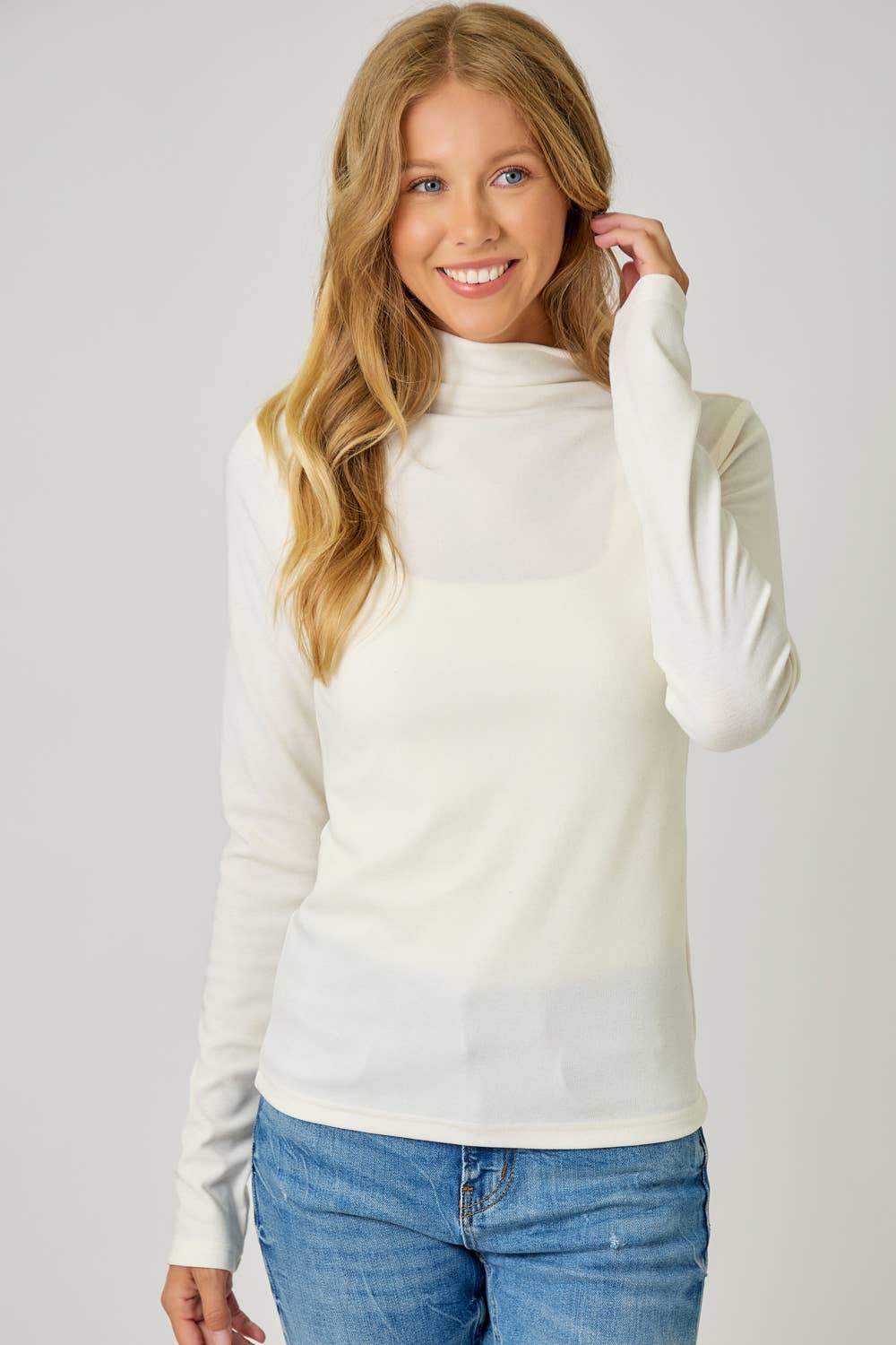 Knit Mock Neck Long Sleeve Top: Ivory