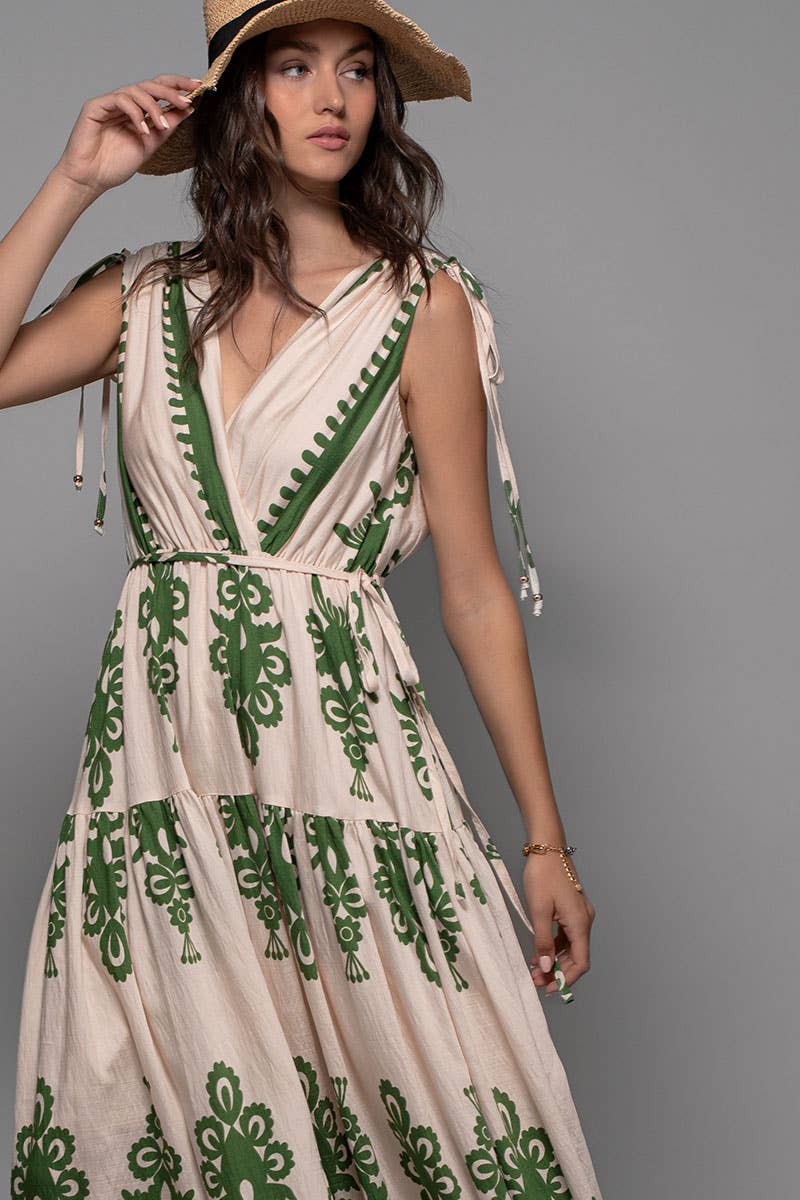 Green and Cream Embroidered Print Tie-Shoulder V-Neck Maxi Dress