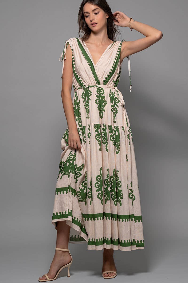 Green and Cream Embroidered Print Tie-Shoulder V-Neck Maxi Dress