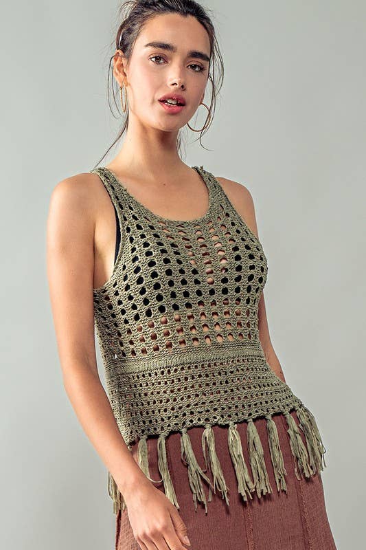 Crochet Knit Boho Tassel Hem Cover Top: KHAKI
