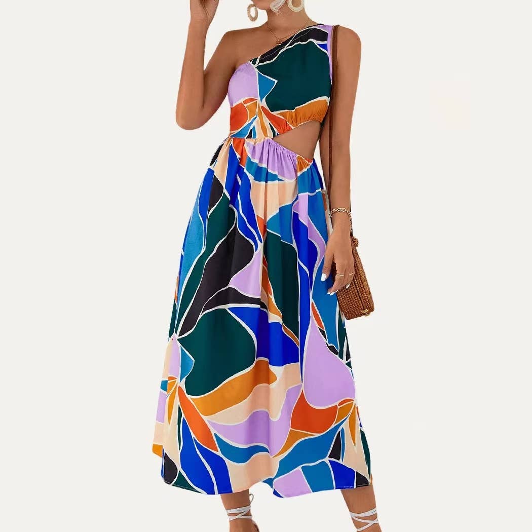 Cutie Multi Color One Shoulder Cutout Sleeveless Midi Dress: Pink Multi / S
