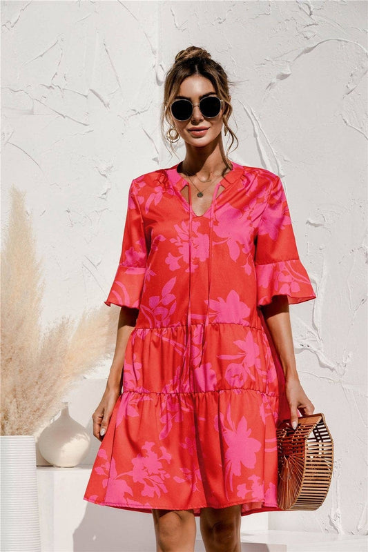 Pink & Red Tiered short sleeve dress