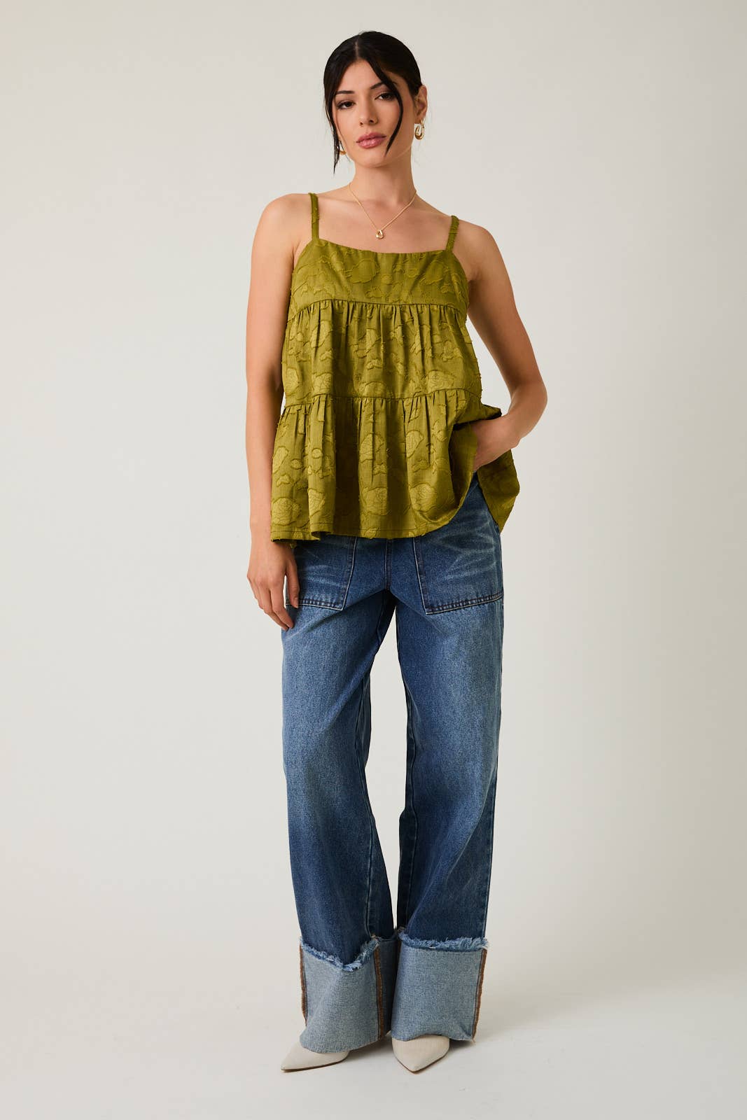 Olive Green Sleeveless Tiered Jacquard Woven Top