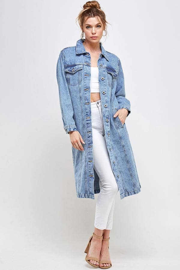 Long Trench Coat Denim Jean Jacket (OPEN PACK): Dark Blue / XL