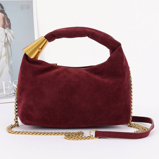Burgundy Suede Hobo Bag with Gold Accents
