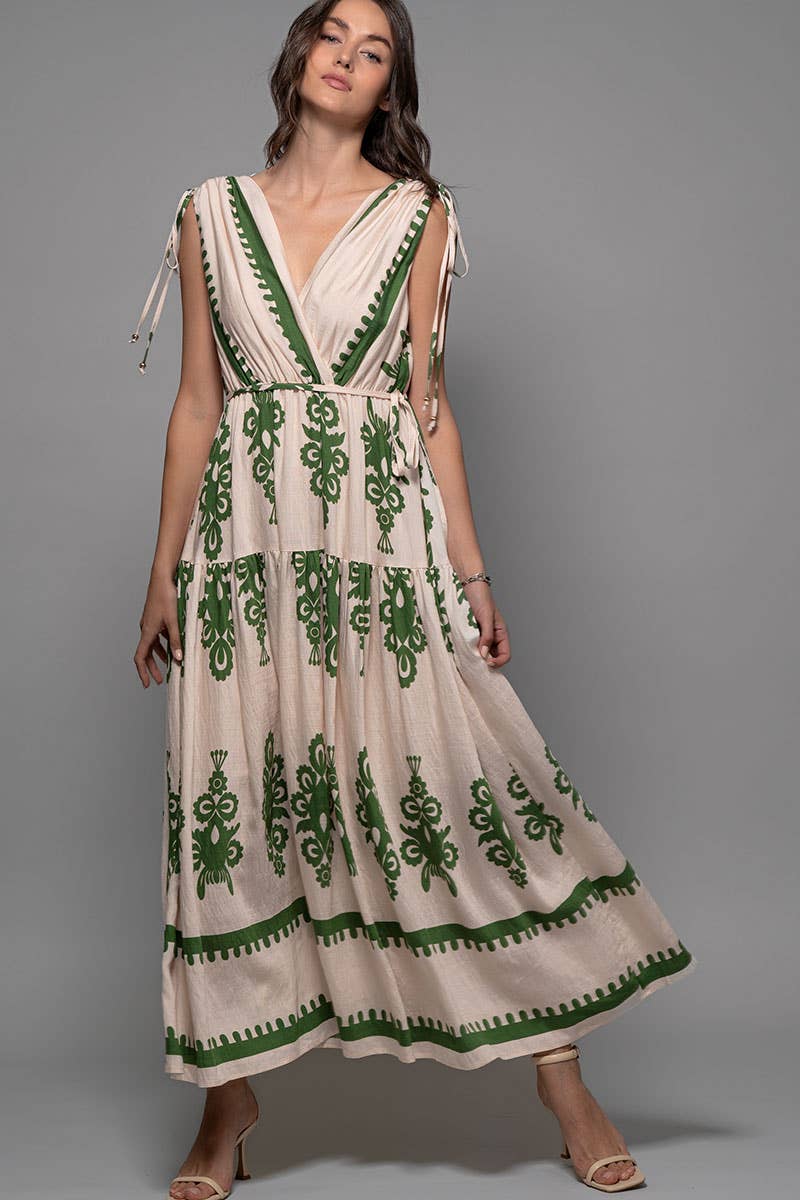 Green and Cream Embroidered Print Tie-Shoulder V-Neck Maxi Dress