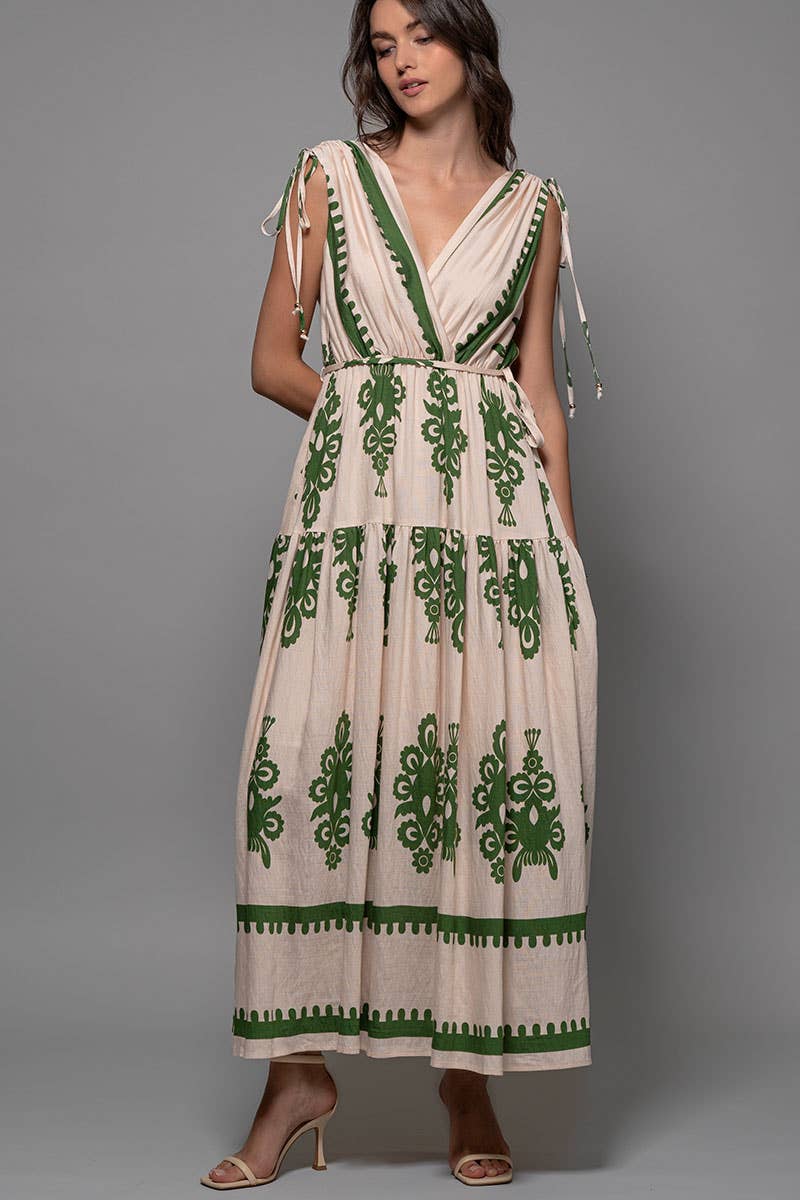 Green and Cream Embroidered Print Tie-Shoulder V-Neck Maxi Dress