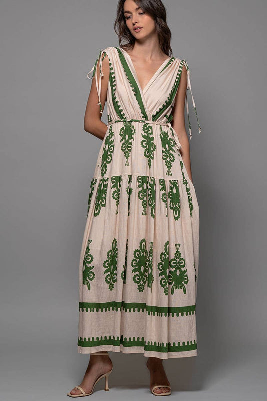 Green and Cream Embroidered Print Tie-Shoulder V-Neck Maxi Dress